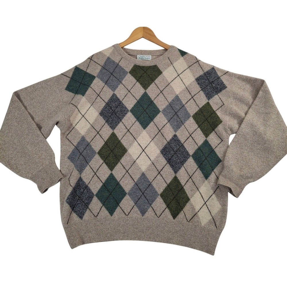 Quills Woollen Market Ireland Argyle Sweater Men's XL Beige Wool Crewneck